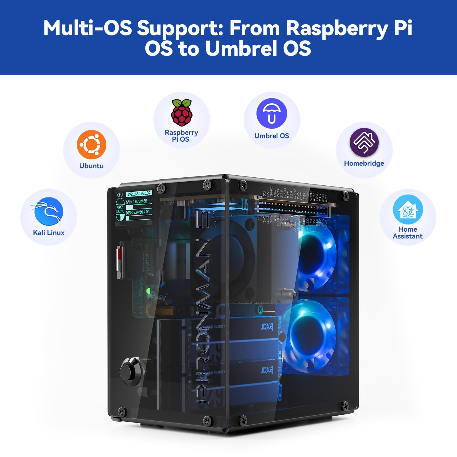 Pironman 5-MAX Dual NVMe M.2 SSD PCIe PC Case for Raspberry Pi 5 NAS