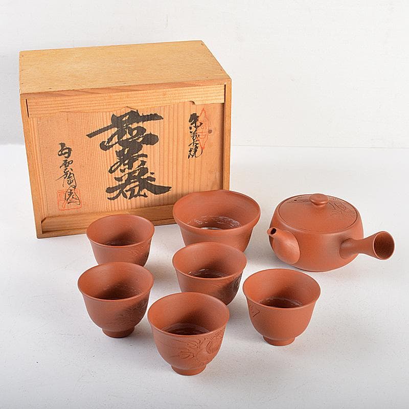 朱萬古焼　白雲陶園　朱泥　急須　湯冷　煎茶碗五客　煎茶器揃　共箱　6203C Amazon.co.jp: 萬古焼 万古焼 伊藤実山 實山造 煎茶器揃 共箱 木箱付